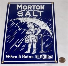 Vintage Morton Free Running Salt "When It Rains It Pours" Porcelain Sign