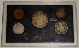 Vintage Lot of 5 Misc. US Coins (1907-D Barber Half, 1907 Barber Quarter, 1901 Barber Dime, Etc..)