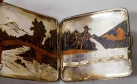 Vintage c. 1930 Sterling Silver Mixed Metals and Enamel Japanese Cigarette Case