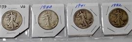 Lot of 4 US Walking Liberty Silver Half Dollars (1939, 1940, 1941-D, 1942-D)
