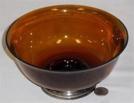 Vintage Gorham Sterling Silver Weighted and Amber Glass Bowl No. 950