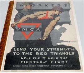 Original 1918 WWI YMCA "Workers Lend Your Strength To The Red Triangle" Poster by Gil Spear