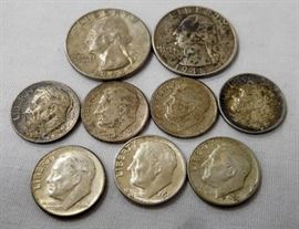 Lot of 9 Misc. U.S. Silver Coins (Washington Quarters and Roosevelt Dimes)