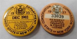 Vintage Lot of 2 New York State Resident Hunting Trapping & Fishing License Buttons (1927 and 1982)