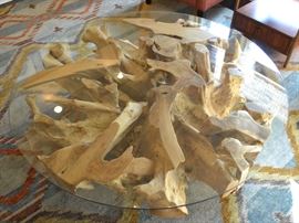 Mitchell Gold Tremont teak root glass top cocktail table