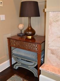 Fret carved mirrored side tables and Mitchell Gold ottoman