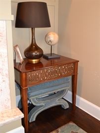 Second fret carved mirrored side tables and Mitchell Gold ottoman