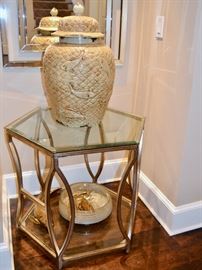 Bernhardt hexagonal side table and ginger jar with fish decoration