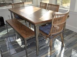 Arhaus dining table with four chairs and bench