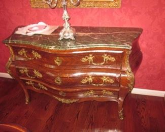 Italian Carved Inlaid Bombe Chest Of Drawers