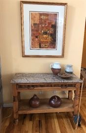 Pine console table with stone top, pottery and gourds. Large print signed and numbered Diana Hansen 1979.6 TLASCALA 29/200