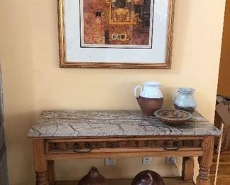 Pine console table with stone top, pottery and gourds. Large print signed and numbered Diana Hansen 1979.6 TLASCALA 29/200
