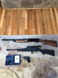 Winchester model 1300, 12 gauge, Deer slug Mossberg 702 Plinkster, 22 LR, with Barka scope 4 x20 Baretta "Tomcat" model 3032, 32 Auto with case