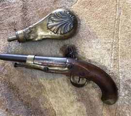Flint Lock, French Military, 19th century. This flint lock pistol has been in family for generations. Power flask "Shell and Bush"design.