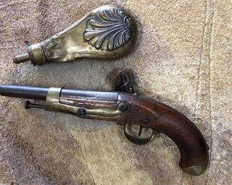 Flint Lock, French Military, 19th century. This flint lock pistol has been in family for generations. Power flask "Shell and Bush"design.