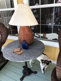 Slate top table and gourd lamp(has crack in back). "Spot" is not for sell but is looking forward to seeing you!