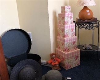 Hats, boxes, metal table and gourd lamp