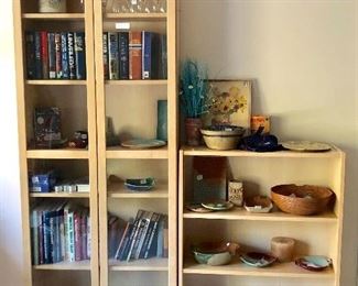 Glass door cabinet , bookcase, great pottery pieces, books and more