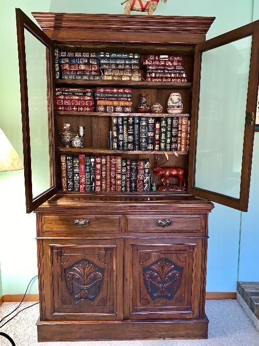 Amazing Antique Bookcase Cabinet!  Gorgeous Detail Carving and Wavy Glass.  Stately Piece!  See all photos of drawer construction too.
