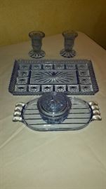 English Beautiful Blue Cut Glass Vanity Set - $50  Purchased in London