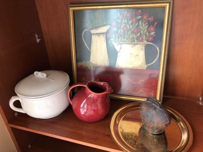 Vintage Rose Colored 30s Pitcher, Cowbell and Picture