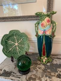 Majolica vase and art glass Murano globe