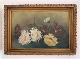 c1900 Gilt wood framed oil painting of mums