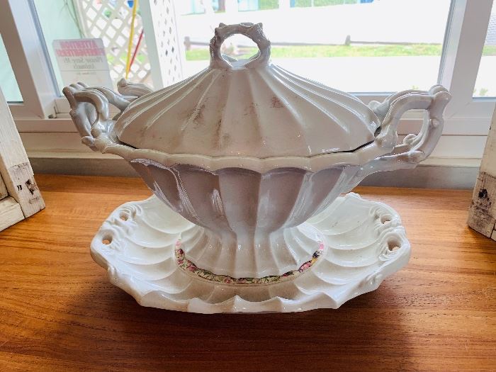 Antique white Staffordshire tureen, under tray and ladle, Red Cliff England