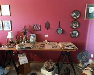 Norman Rockwell plates, vintage newspapers, candlesticks