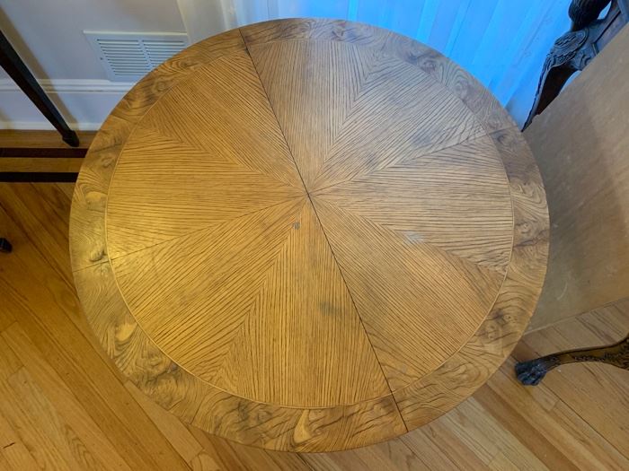 3. Biedermeyer Style Oak Pedestal Table w/ Black Painted Base and Adjustable Height (36") 1-19" leaf