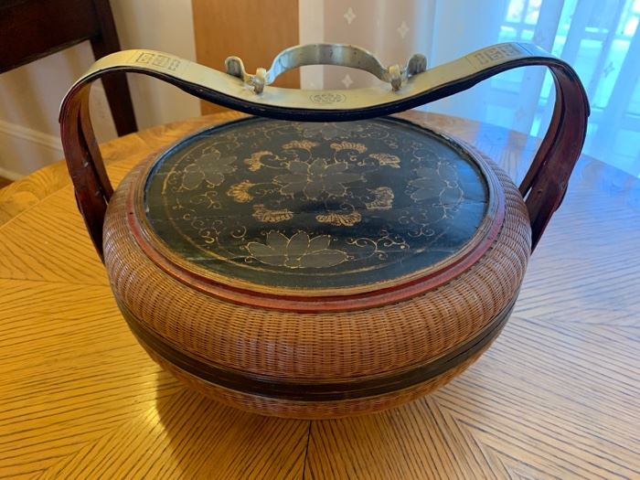4. Antique Hand Painted Chinese Basket w/ Iron Handle (14" x 9")