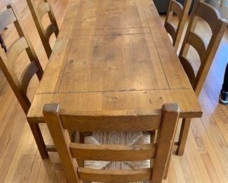 26. Crate and Barrel Rustic Dining Table w/ 1 Drawer (71" x 33" x 30") 2-20" leaves 6 Ladder Back Side Chairs w/ Rush Seat (18" x 17" x 42")