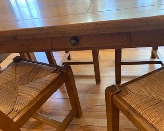26. Crate and Barrel Rustic Dining Table w/ 1 Drawer (71" x 33" x 30") 2-20" leaves 6 Ladder Back Side Chairs w/ Rush Seat (18" x 17" x 42")