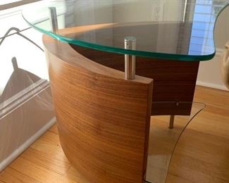29. Scandinavian Glass Top Side Table w/ Rounded Wood Base (29" x 23" x 22")