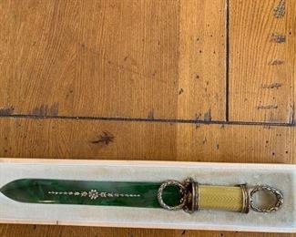 31. Antique Russian Letter Opener w/ Jade Blade and Enameled Handle (11")
