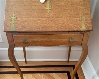 40. Vintage Oak Slant Top Desk w/ Brass Detail (27"x 17" x 38")