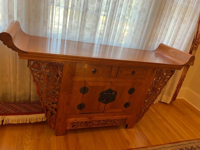 59. Antique Camphor and Elm Carved Chinese Alter Table (71" x 20" x 40")