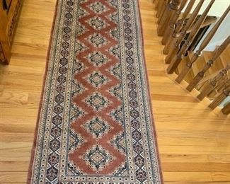 61. Indian Hand Knotted Wool Runner in Blue, Cream, and Melon (32" x 10'2")