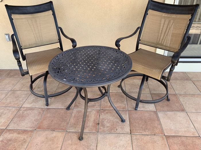144. Aluminum Table ( 38" x 32" x 34") and 4 Counter Height Swivel Chairs (27" x 24" x 43")                                          145. Round Aluminum Table (30" x 28")