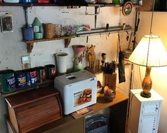  Bread box, bread maker, bowling pin lamp and ceramics