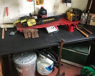  Two change saws, Steel wedges, hatchets and tin can full of bird seed