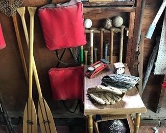  Vintage wooden baseball bats, baseball gloves and boat paddles