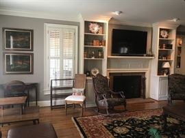 Antique rockers, Bamboo edged chair, Giclee hunting prints, Mid-Century two-tier table, brown automan, large room rug, decor items, quilt rack. TV not for sale