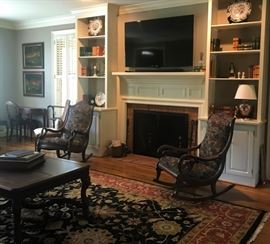 Handwoven Rug (approx 14 by 9), antique gooseneck rocker, antique rocker, square coffee, lamps, books, decor, other chairs. TV not for sale.