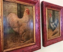 Two framed oil on canvas roosters believed to be attributed to Trevor James