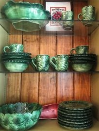 Close-up of Vietri Foglia pattern dishes and serving ware, framed museum reproduction advertising print