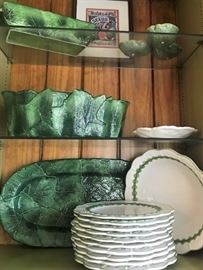 Framed museum reproduction seed advertising print, Vietri Foglia pattern serving pieces, Vietri Boxwood pattern plates