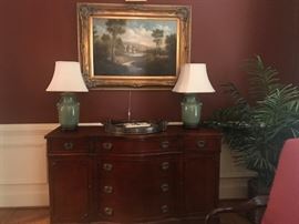 Large mahogany buffet, matching lamps, signed and framed oil on canvas