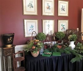 Framed reproduction historical botanical prints, plant stands, decor items