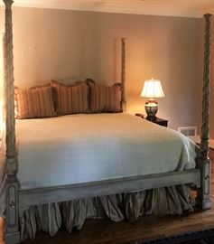 King-sized, four-poster, vine sculptural bed and linens. Sleep Number Mattress, more